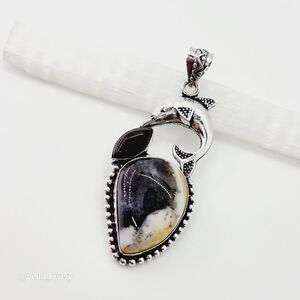 Dolphin Dendrite Opal Black Onyx Ethnic Handmade Pendant Jewelry 2.72"